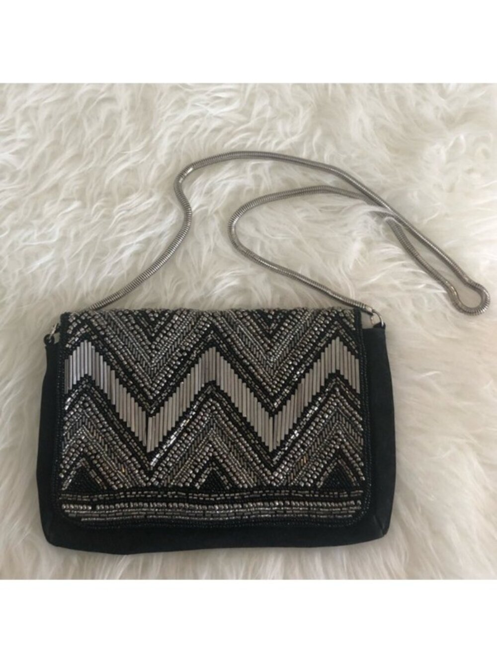 H&M Black Beaded Detail with Silver Metal Strap Bag